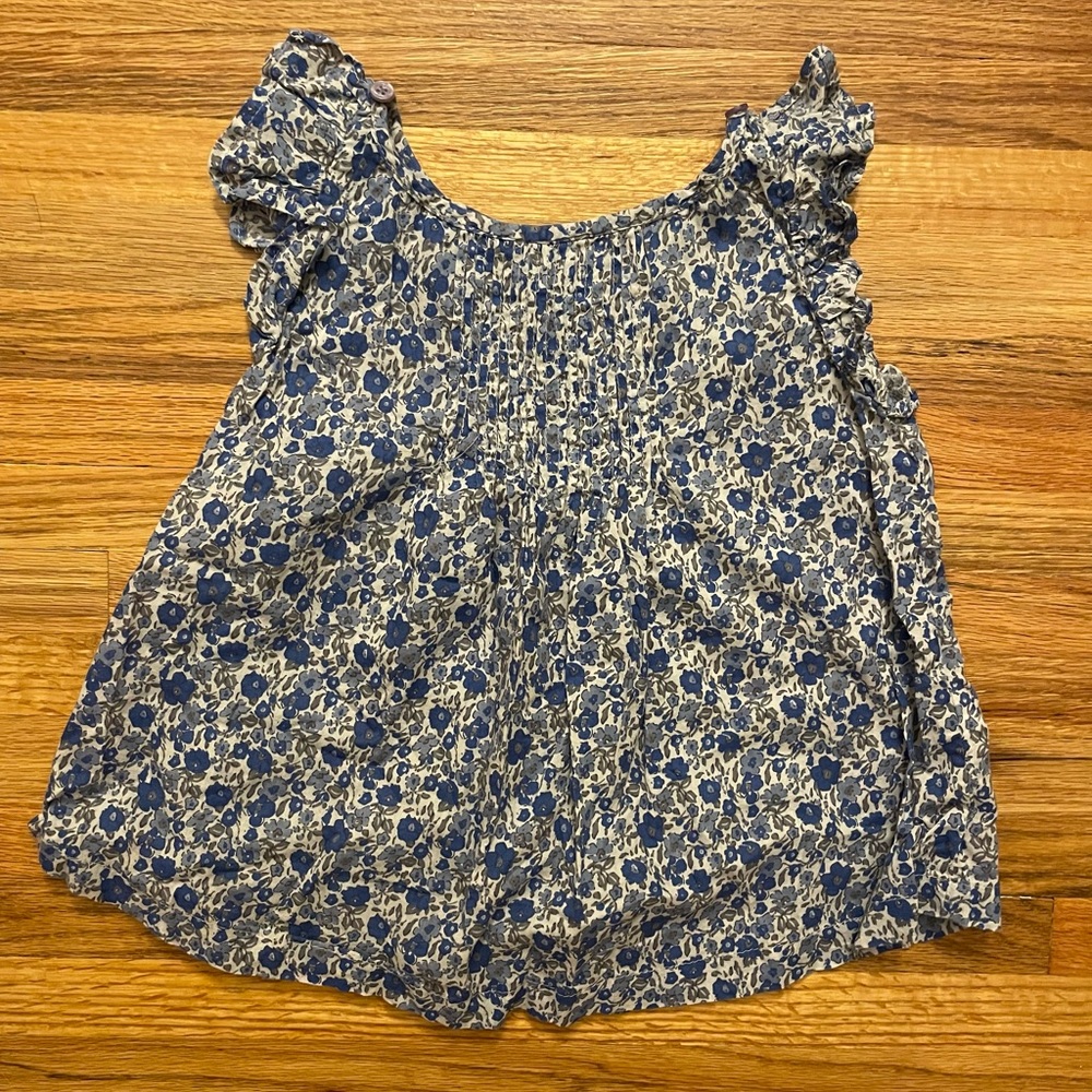 Benetton Kids Blue and White Floral Print Blouse with Ruffle Sleeves, Size S